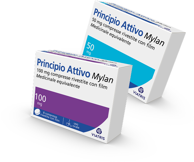 Confezioni di farmaci equivalenti Mylan da 50 mg e 100 mg, medicinali generici sicuri ed efficaci di Viatris, su sfondo blu e bianco.